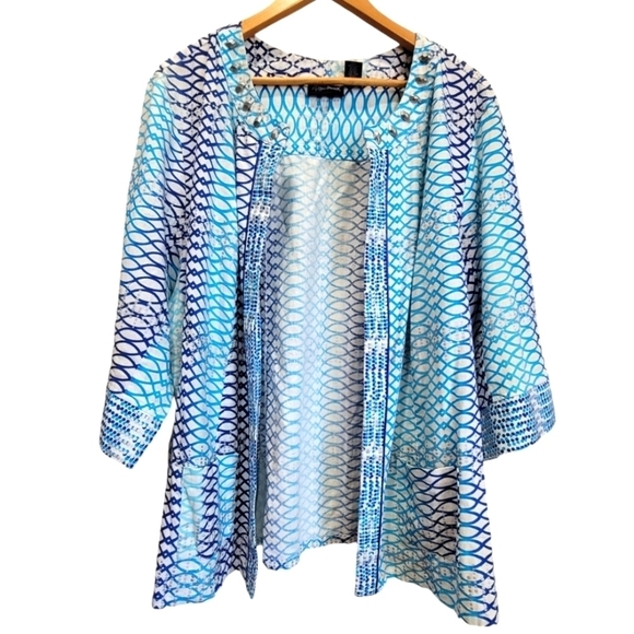 2X MAGGIE BARNS Linen Blend Geometric Rhinestone  Open Front Blazer - Picture 1 of 8